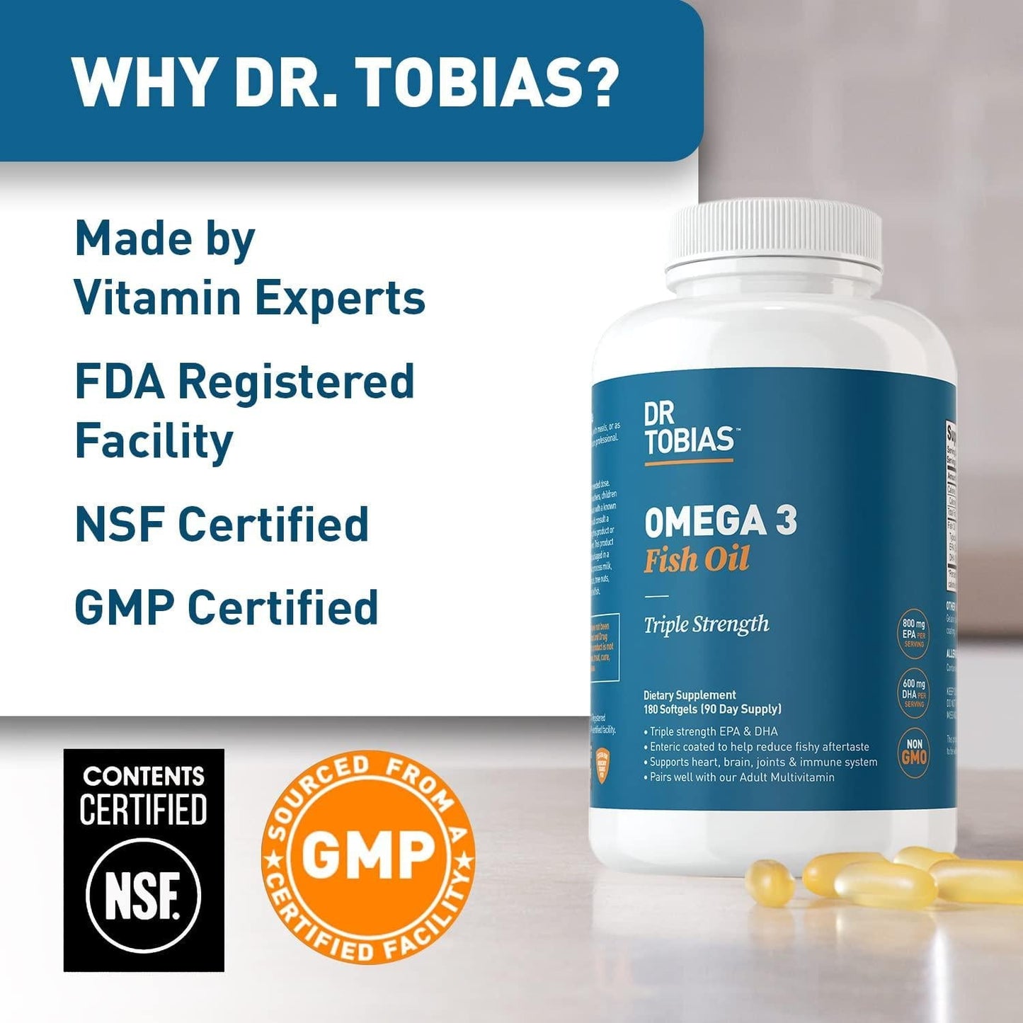 Dr. Tobias Omega 3 Fish Oil, Triple Strength, Supports Brain and Heart Health, 2000 mg per Serving, 90 Soft Gels (2 Daily, 45 Day Supply)
