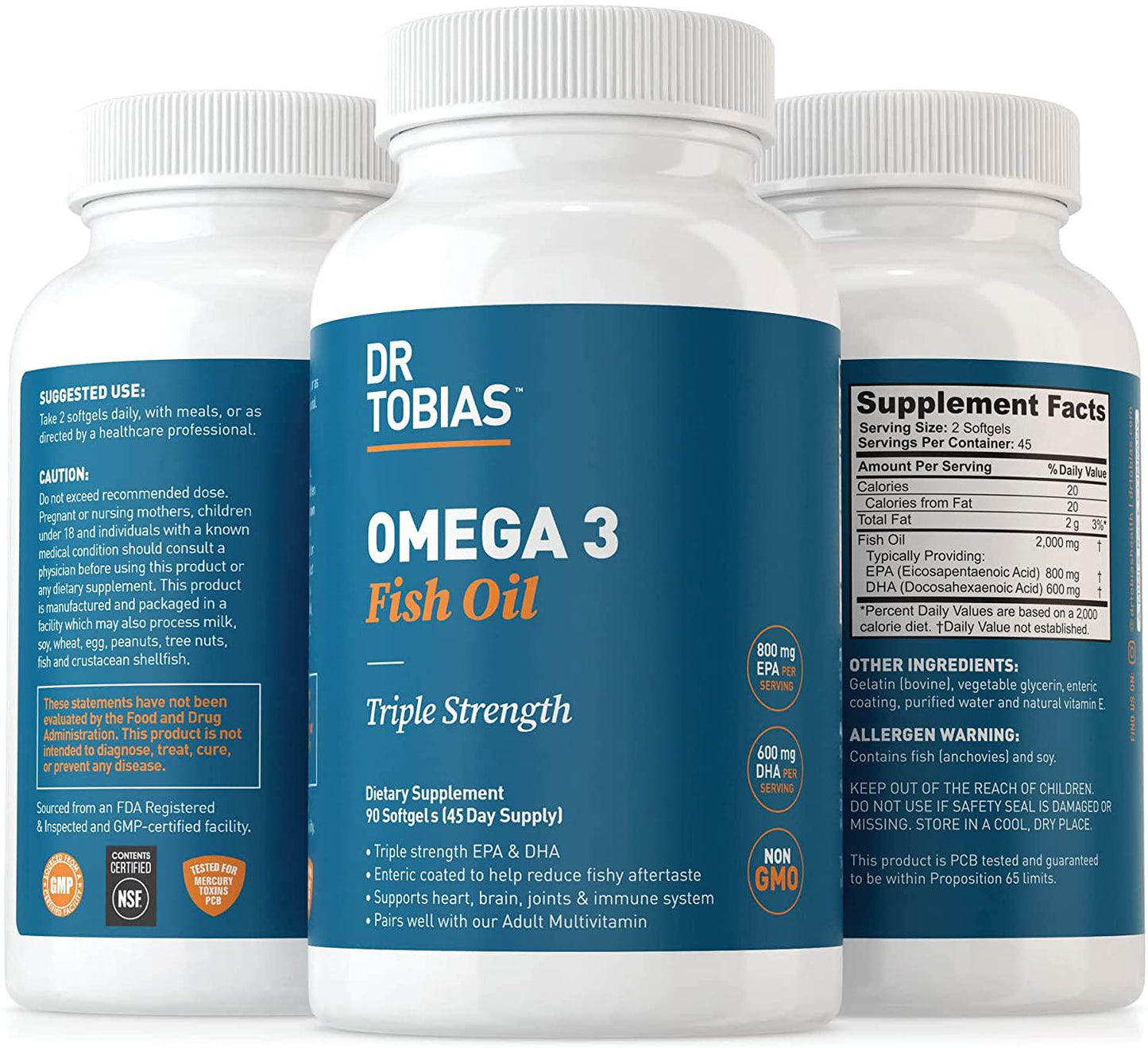 Dr. Tobias Omega 3 Fish Oil, Triple Strength, Supports Brain and Heart Health, 2000 mg per Serving, 90 Soft Gels (2 Daily, 45 Day Supply)