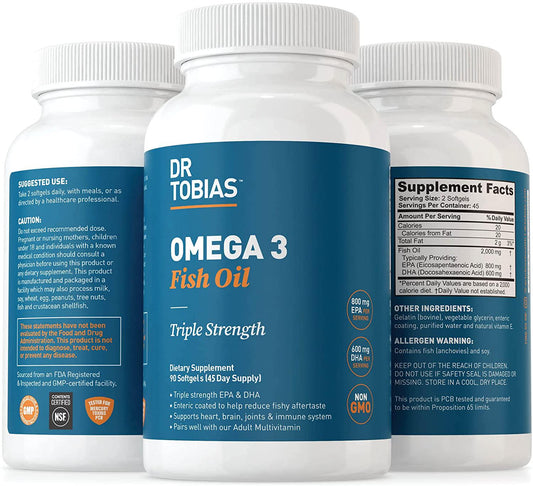 Dr. Tobias Omega 3 Fish Oil, Triple Strength, Supports Brain and Heart Health, 2000 mg per Serving, 90 Soft Gels (2 Daily, 45 Day Supply)