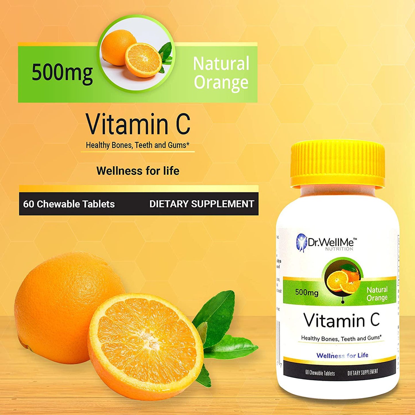 Dr. WellMe Nutrition 500mg Easy Chewable Vitamin C Tablets for Kids and Adults Provides Immune and Bone Support | Made in The USA by Doctors of Pharmacy | Natural Orange Flavor 60ct