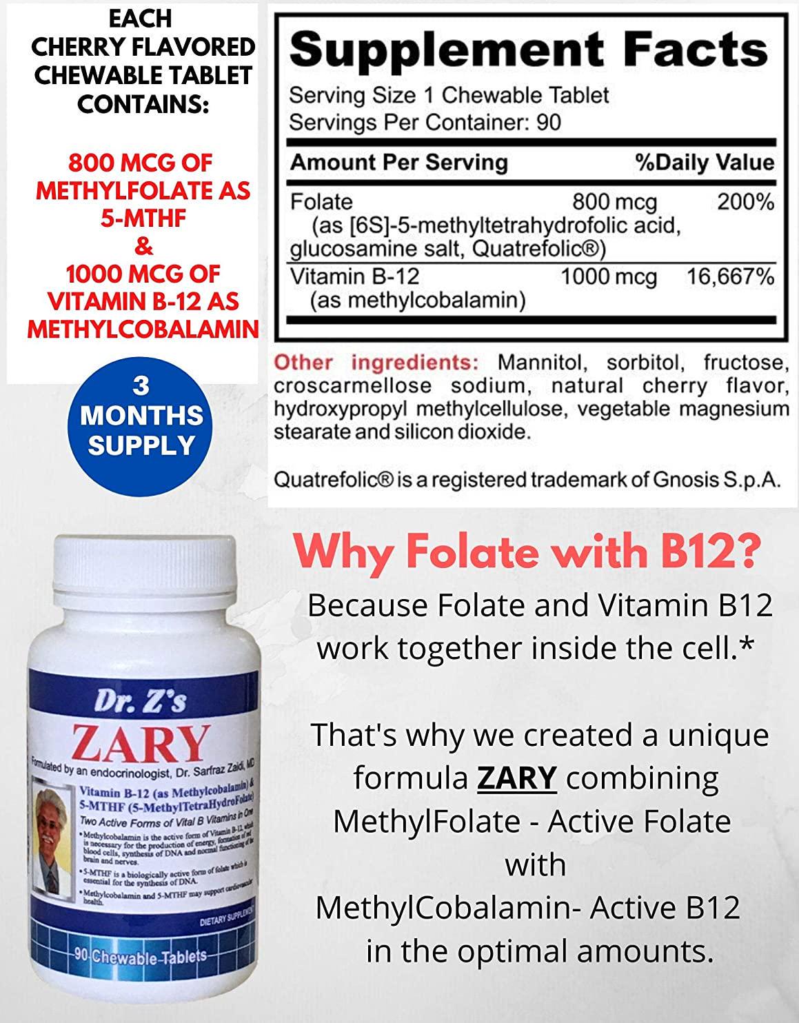 Dr. Z&#039;s - ZARY - Methylcobalamin, 5 MTHF Combination - Two Active Forms of Vital B Vitamins in One - 90 Count