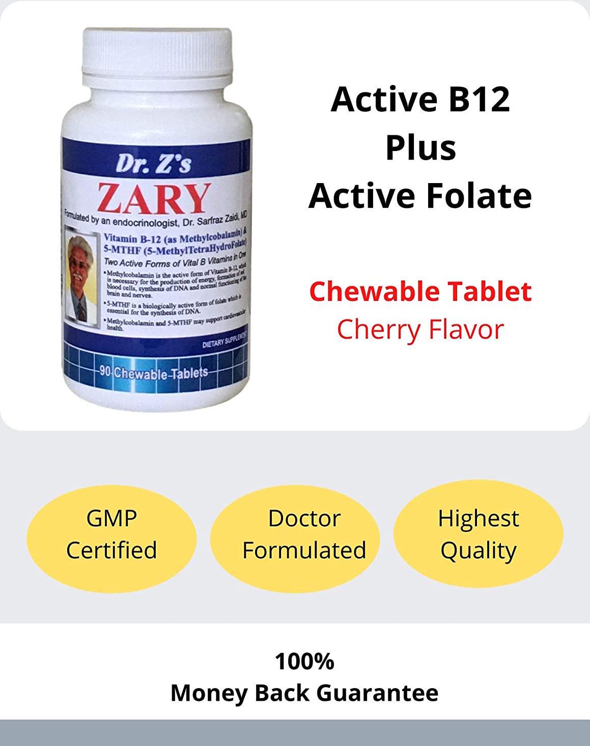 Dr. Z&#039;s - ZARY - Methylcobalamin, 5 MTHF Combination - Two Active Forms of Vital B Vitamins in One - 90 Count