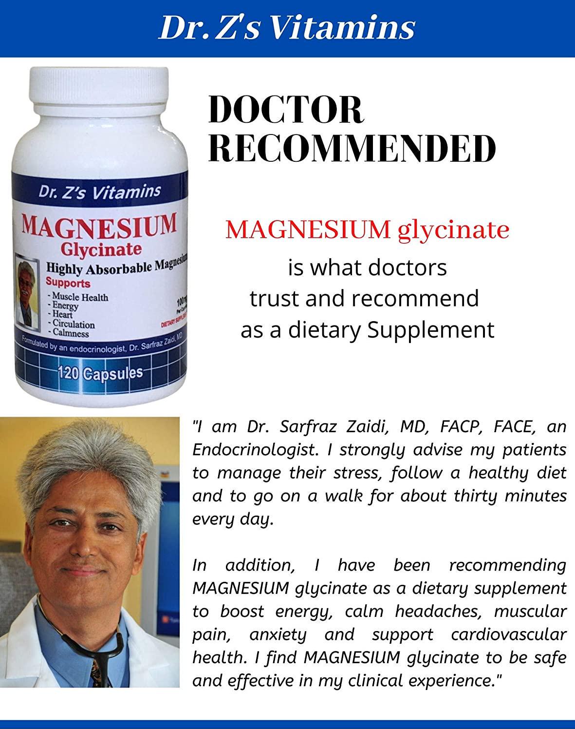 Dr. Z's - Magnesium Glycinate - Chelated Magnesium with High Absorption - Non-Laxative - 400 MG per serving. Muscle Cramps, Headaches, Sleep, Energy, Heart Health, Blood Sugar - 120 Capsules
