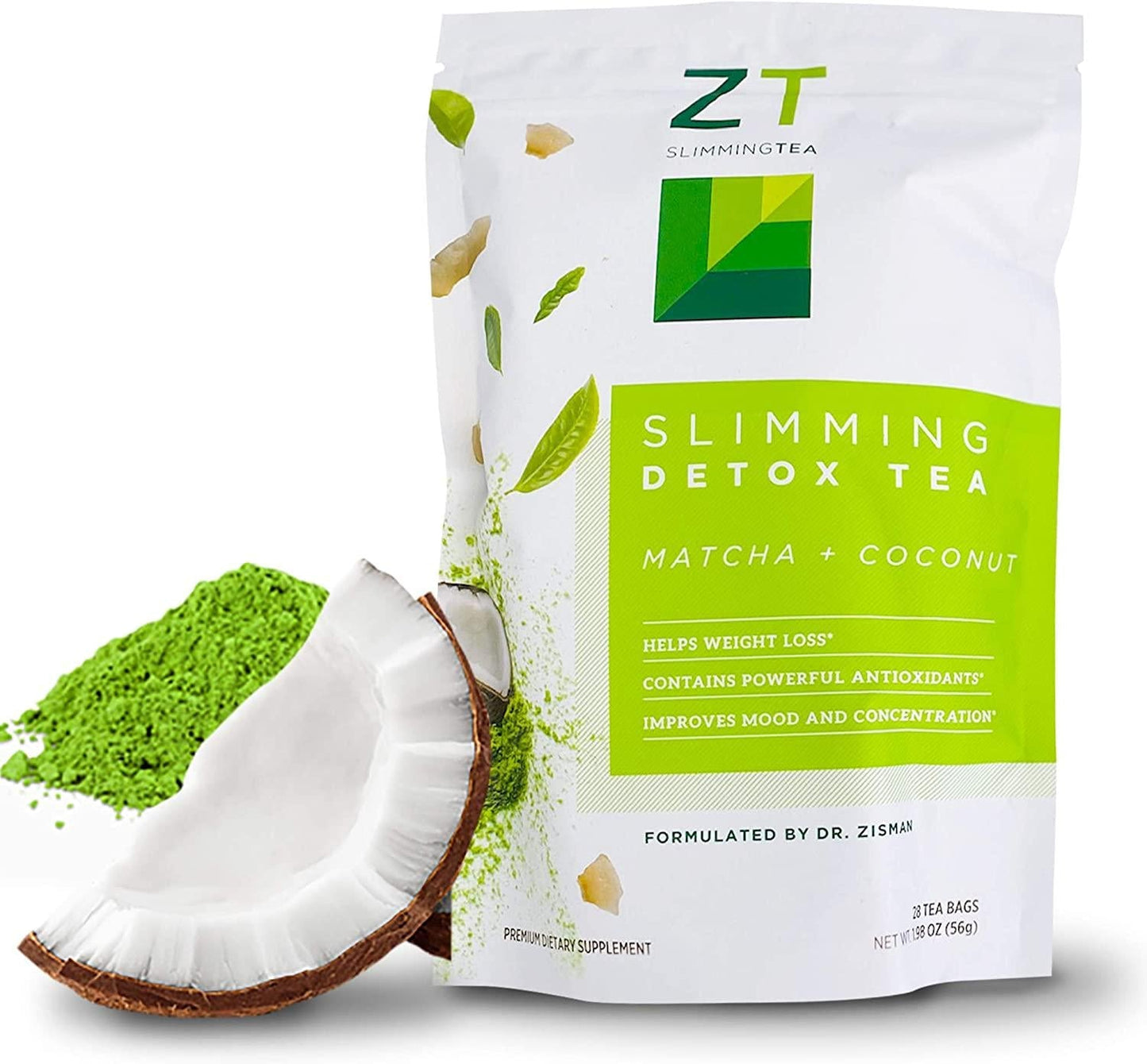 Dr. Zisman ZT Slimming Tea, Matcha-Coconut Detox Blend, Weight Loss Tea with Antioxidant Effects, Enhances Mood and Improves Concentration, Lose Weight with a Healthier Digestion (28 Tea Bags)