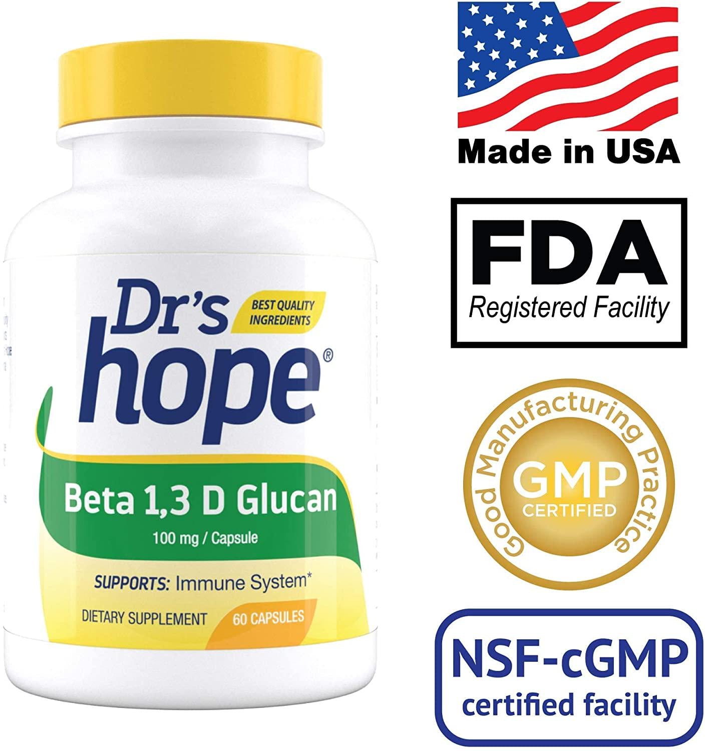 Dr's Hope Beta 1,3D Glucan 100mg - Immune Health Booster - Gluten Free, Vegan, No Additives, Made in USA - 60 Veggie Caps
