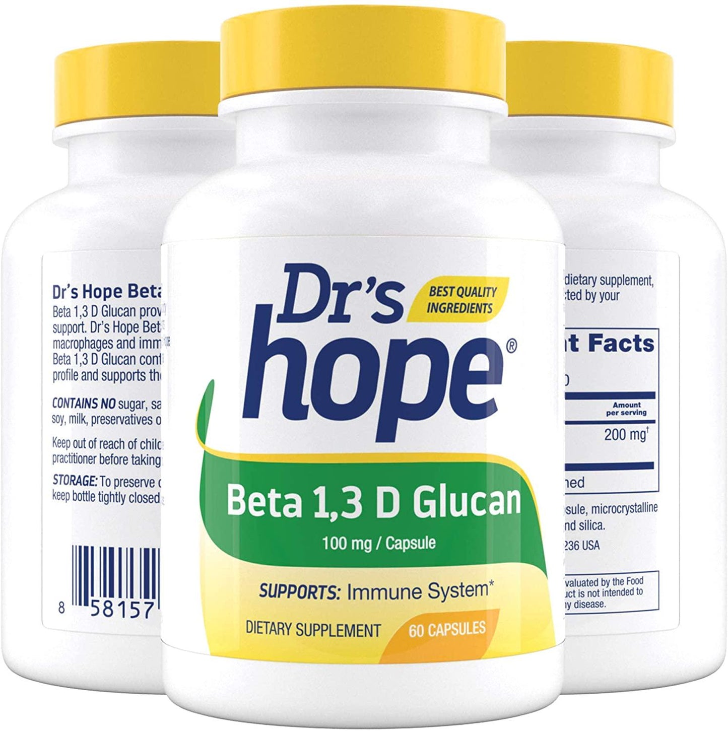 Dr's Hope Beta 1,3D Glucan 100mg - Immune Health Booster - Gluten Free, Vegan, No Additives, Made in USA - 60 Veggie Caps