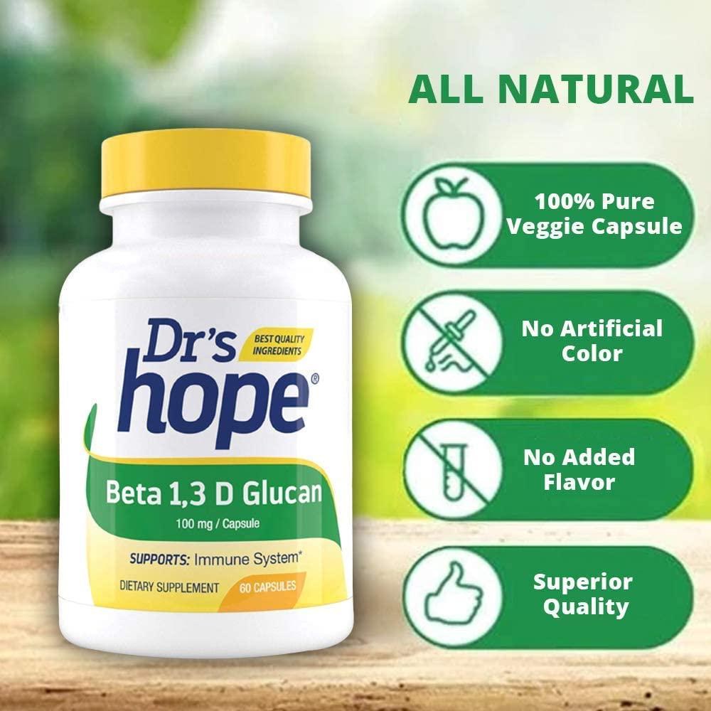 Dr's Hope Beta 1,3D Glucan 100mg - Immune Health Booster - Gluten Free, Vegan, No Additives, Made in USA - 60 Veggie Caps