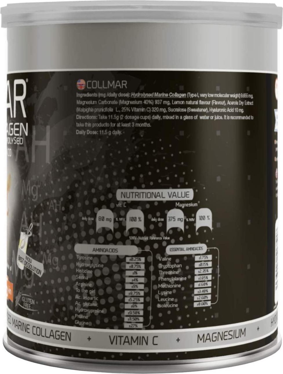 Drasanvi Collmar Hydrolyzed Marine Collagen with Magnesium Powder 300g Lemon Flavor - Spaniard Supplements for a Healthy Skin Cartilage and Bones - Helps Improve and Reduce Tiredness and Fatigue