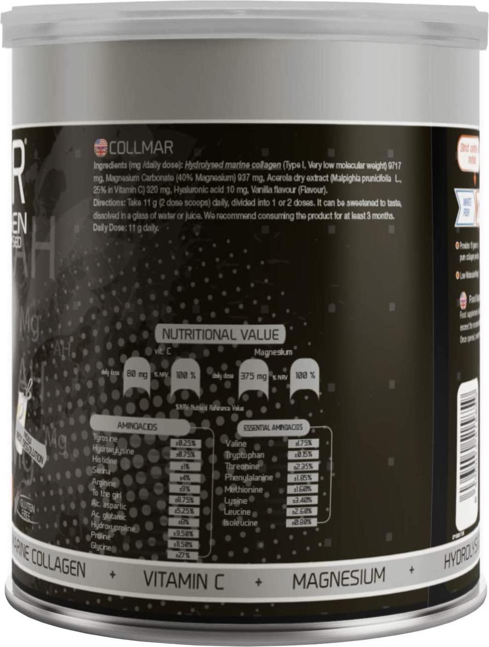 Drasanvi Collmar Hydrolyzed Marine Collagen with Magnesium Powder 300g Vanilla Flavor - Spanish Supplements for A Healthy Skin Cartilage and Bones - Helps Minimize Tiredness and Fatigue