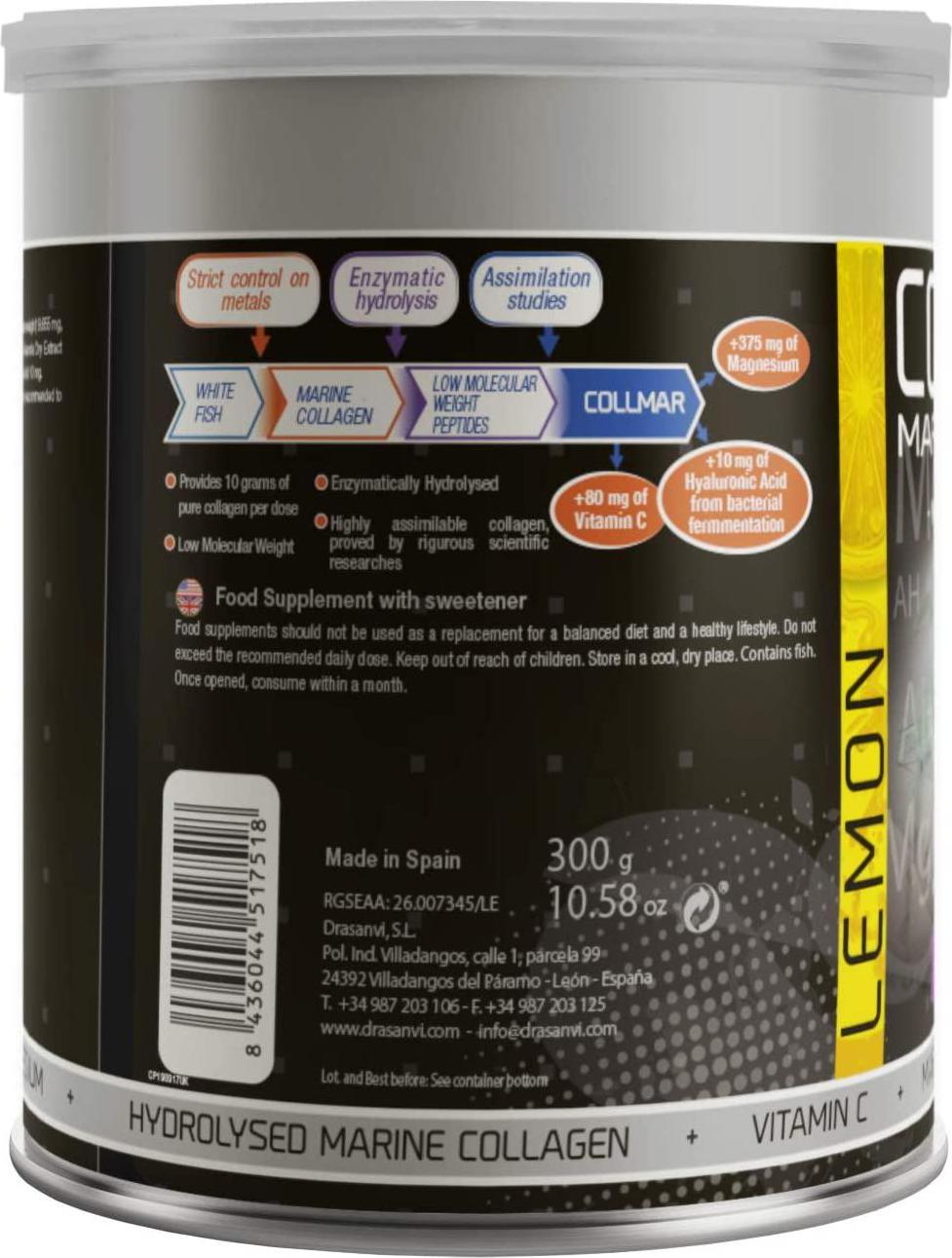 Drasanvi Collmar Hydrolyzed Marine Collagen with Magnesium Powder 300g Lemon Flavor - Spaniard Supplements for a Healthy Skin Cartilage and Bones - Helps Improve and Reduce Tiredness and Fatigue