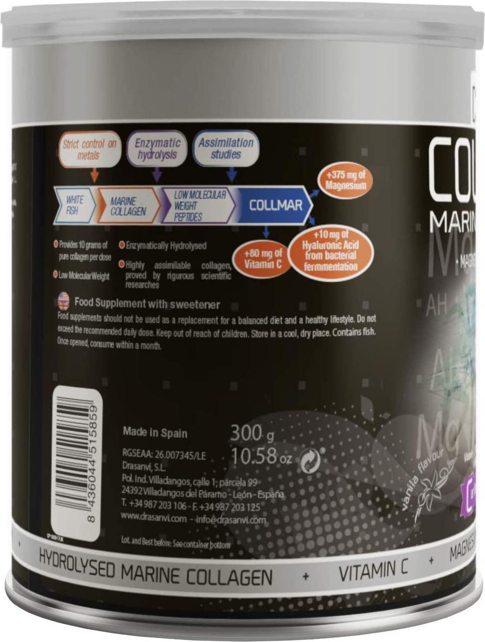 Drasanvi Collmar Hydrolyzed Marine Collagen with Magnesium Powder 300g Vanilla Flavor - Spanish Supplements for A Healthy Skin Cartilage and Bones - Helps Minimize Tiredness and Fatigue