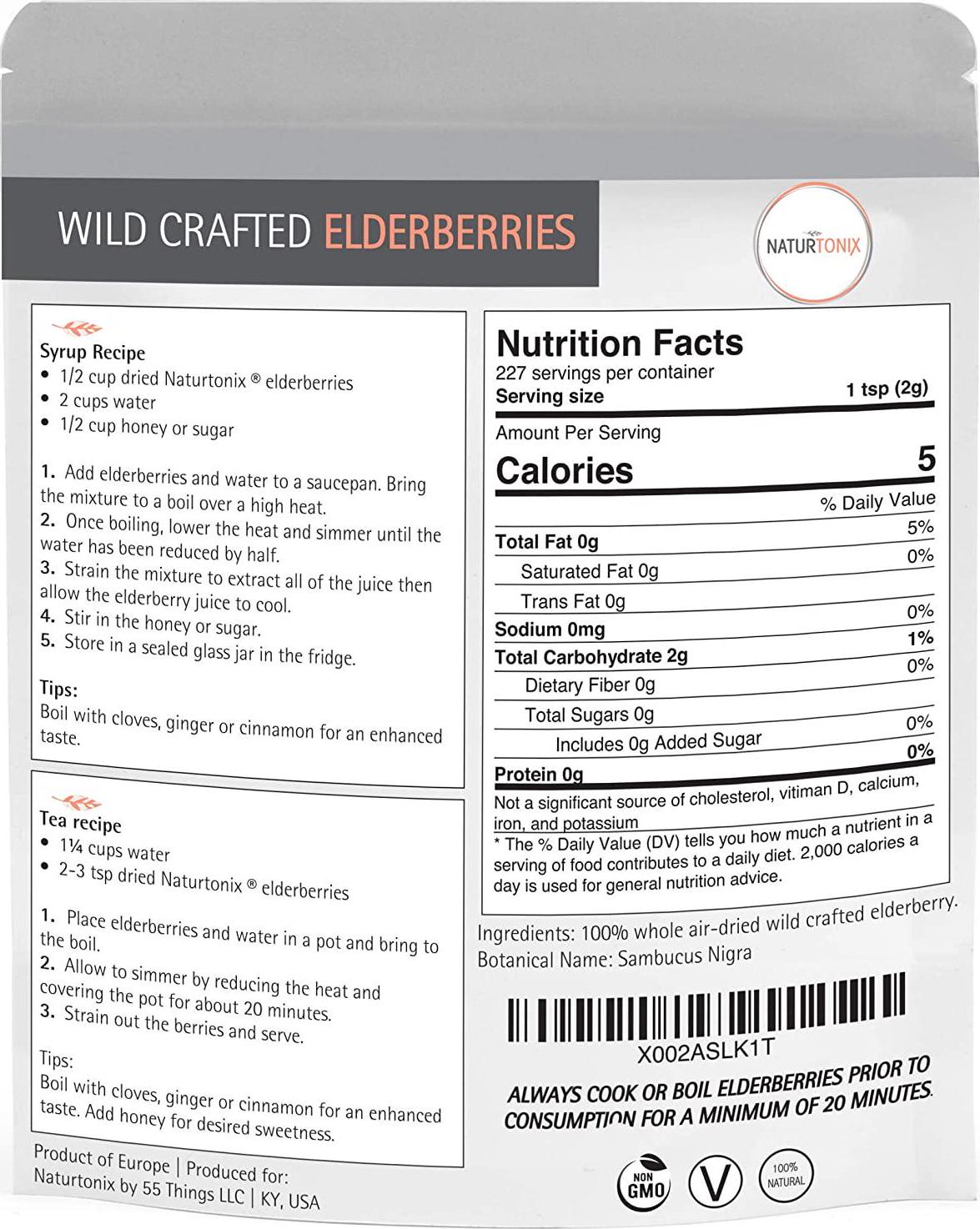Dried Elderberries | 100% Natural European Whole Wild Crafted Elder Berry (Sambucus nigra) 8 Ounce Resealable Pouch