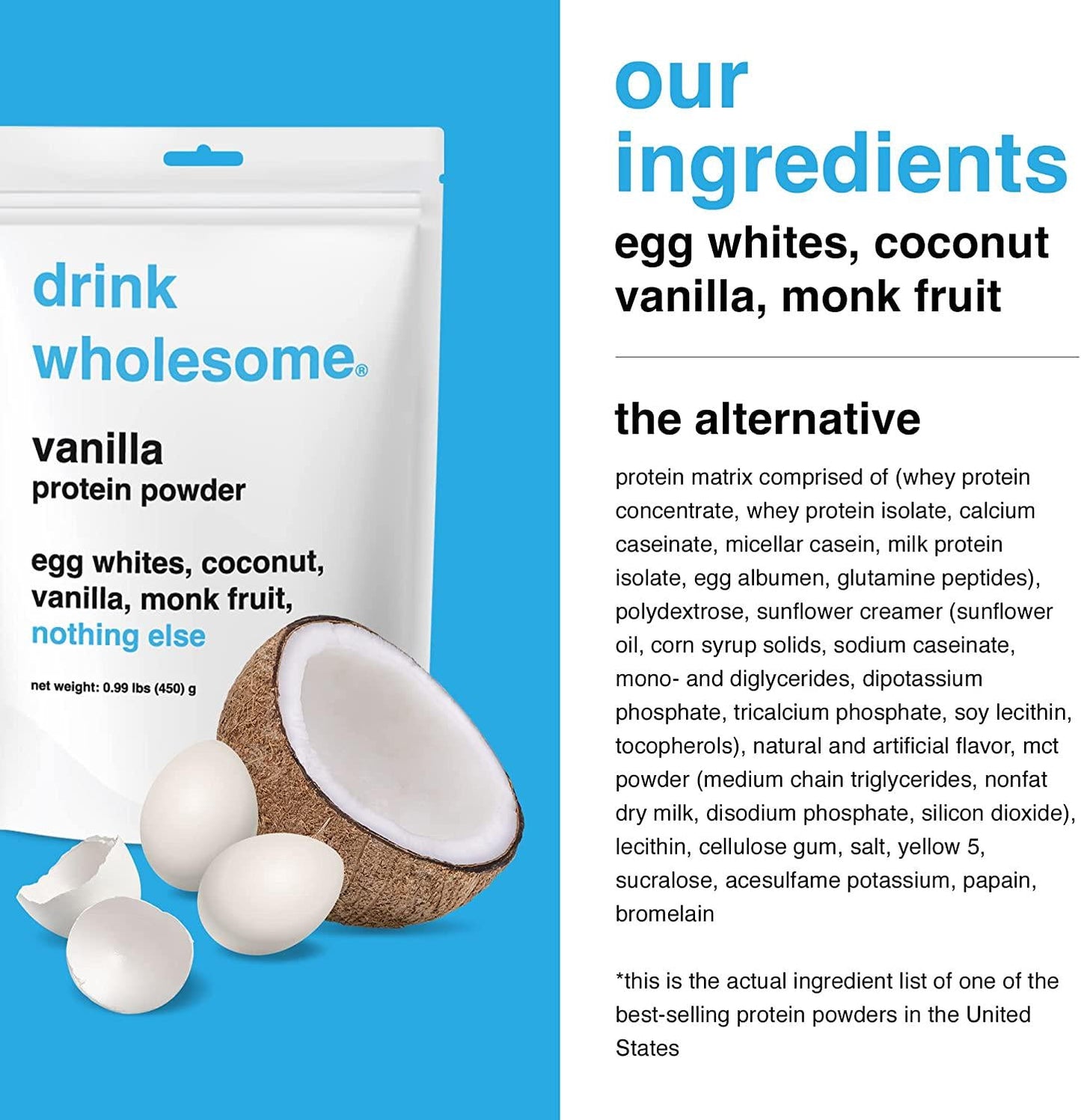 Drink Wholesome Vanilla Egg White Protein Powder | Easy to Digest and Gut Friendly | All Natural Ingredients | Minimally Processed | Dairy Free, No Additives, No Added Sugar, 20g Protein