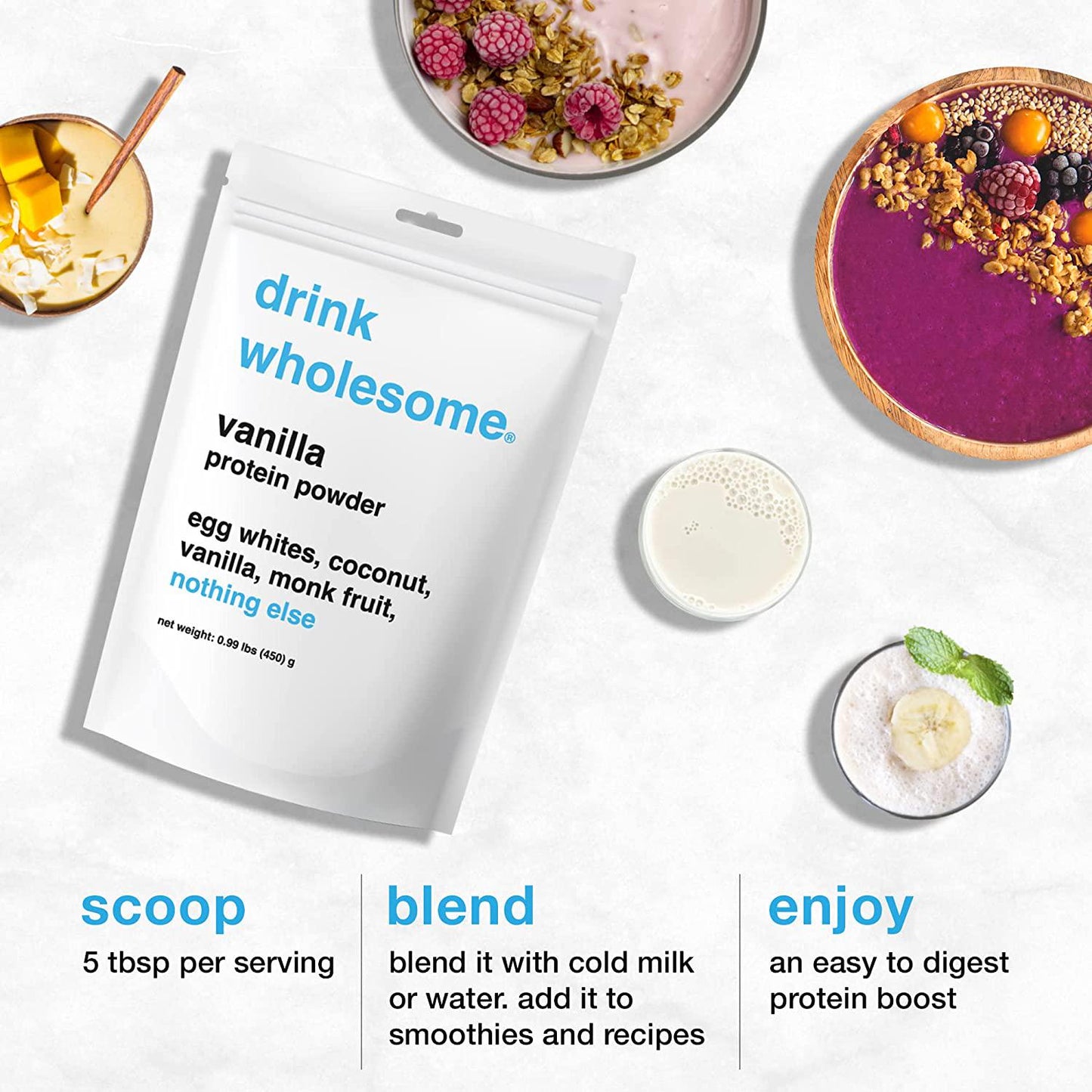 Drink Wholesome Vanilla Egg White Protein Powder | Easy to Digest and Gut Friendly | All Natural Ingredients | Minimally Processed | Dairy Free, No Additives, No Added Sugar, 20g Protein