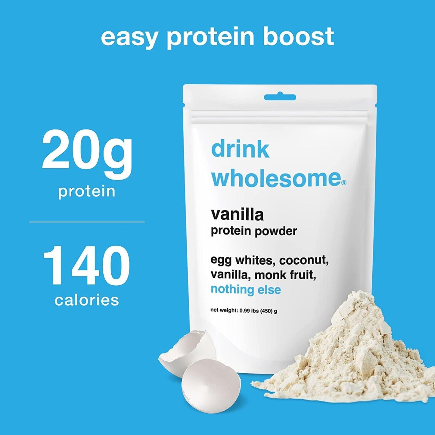 Drink Wholesome Vanilla Egg White Protein Powder | Easy to Digest and Gut Friendly | All Natural Ingredients | Minimally Processed | Dairy Free, No Additives, No Added Sugar, 20g Protein