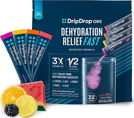 DripDrop ORS Hydration - Electrolyte Powder Packets - Watermelon, Berry, Orange, Lemon - 32 Count