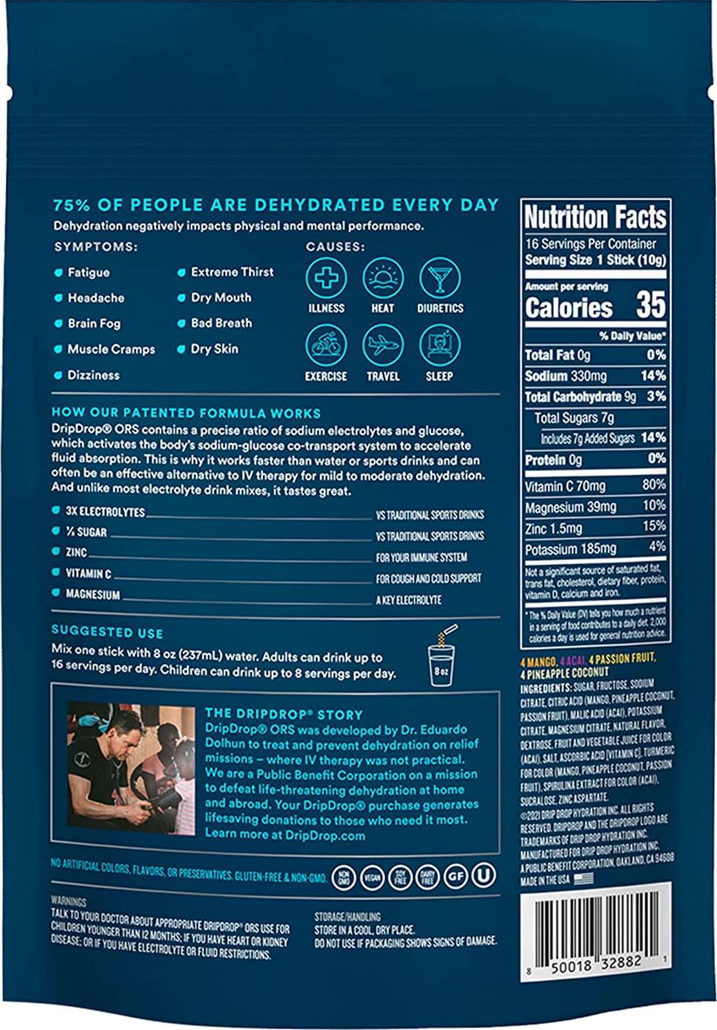 DripDrop ORS Hydration - Electrolyte Powder Packets - Mango, Acai, Passion Fruit, Pineapple Coconut - 16 Count