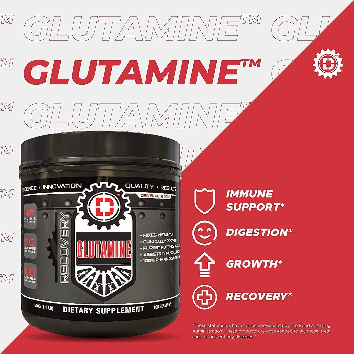 Driven GLUTAMINE-Reduce Muscle Soreness and Boost Immune System:Pure, Natural, and Healthy Amino Acid - Promotes and Preserves Lean Muscle Mass - Supports GI Health and Immune System Function