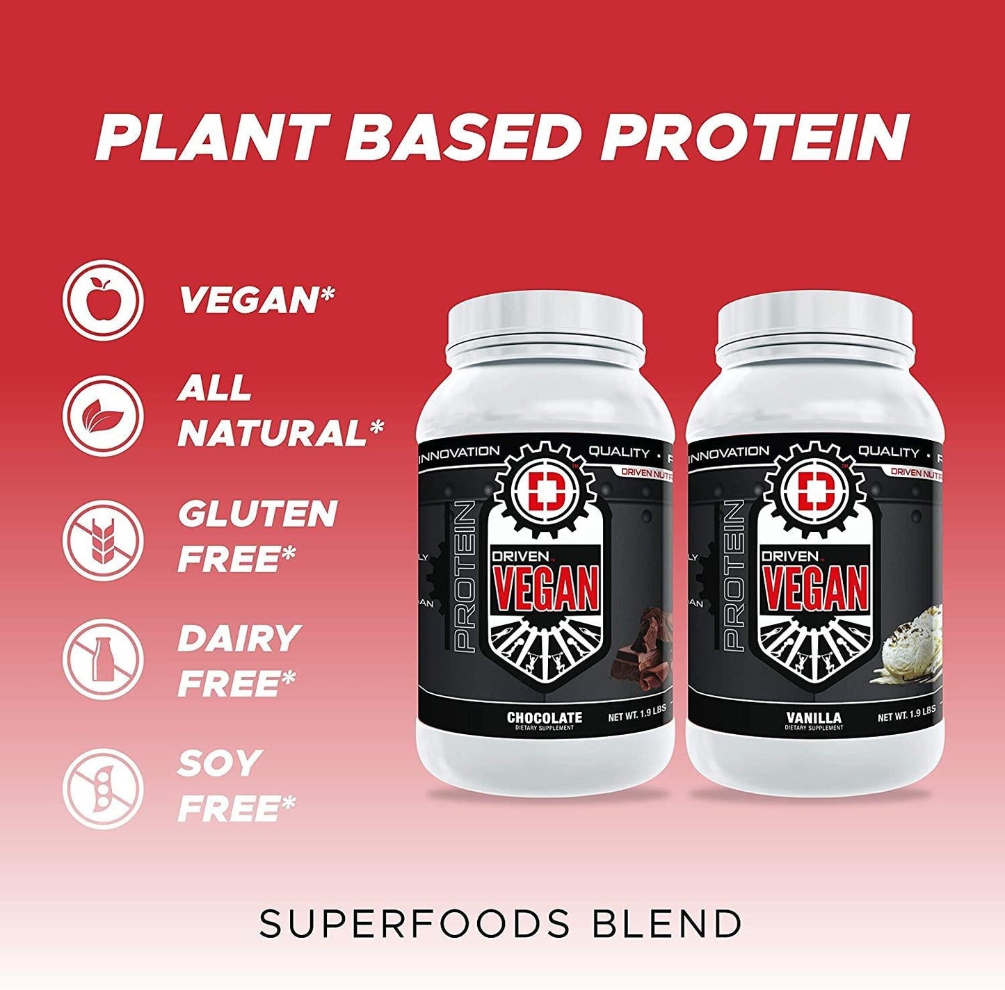 Driven Vegan Protein- 100% Plant Based Protein from Pea, Brown Rice, and Quinoa Enhanced with 11 Superfoods for Antioxidant Support (2lb Vanilla)