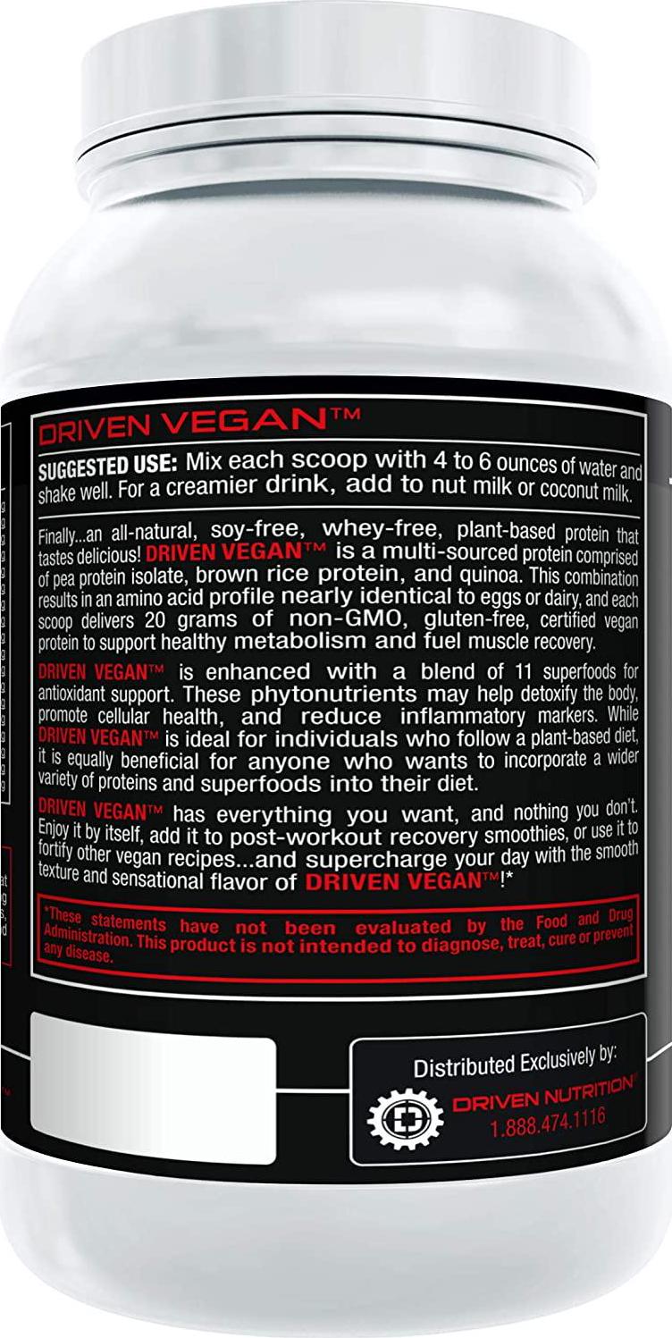 Driven Vegan Protein Powder (2 lbs) - 100% Plant-Based, Essential Amino Acids + Antioxidant-Rich Superfoods - Clean, Non-Dairy, High-Fiber - Build Muscle and Burn Fat - Post-Workout Recovery- Chocolate