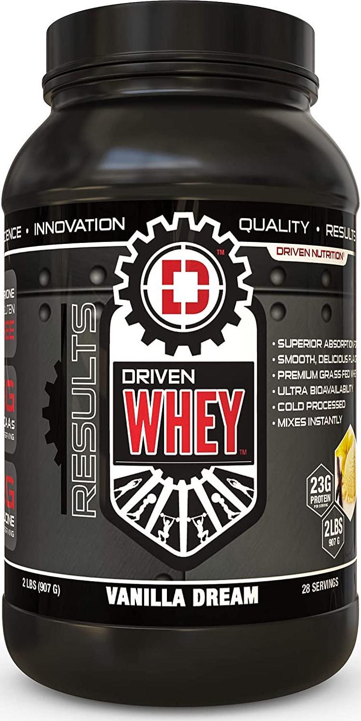 Driven WHEY- Grass Fed Whey Protein Powder: Delicious, Clean Protein Shake- Improve Muscle Recovery with 23 Grams of Protein with Added BCAA and Digestive Enzymes (Vanilla Dream, 2 lb)
