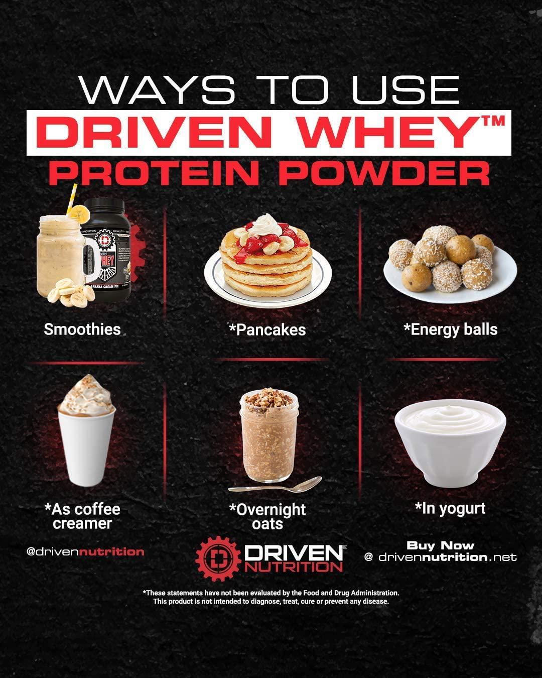 Driven WHEY- Grass Fed Whey Protein Powder: Delicious, Clean Protein Shake- Improve Muscle Recovery with 23 Grams of Protein with Added BCAA and Digestive Enzymes (Vanilla Dream, 2 lb)