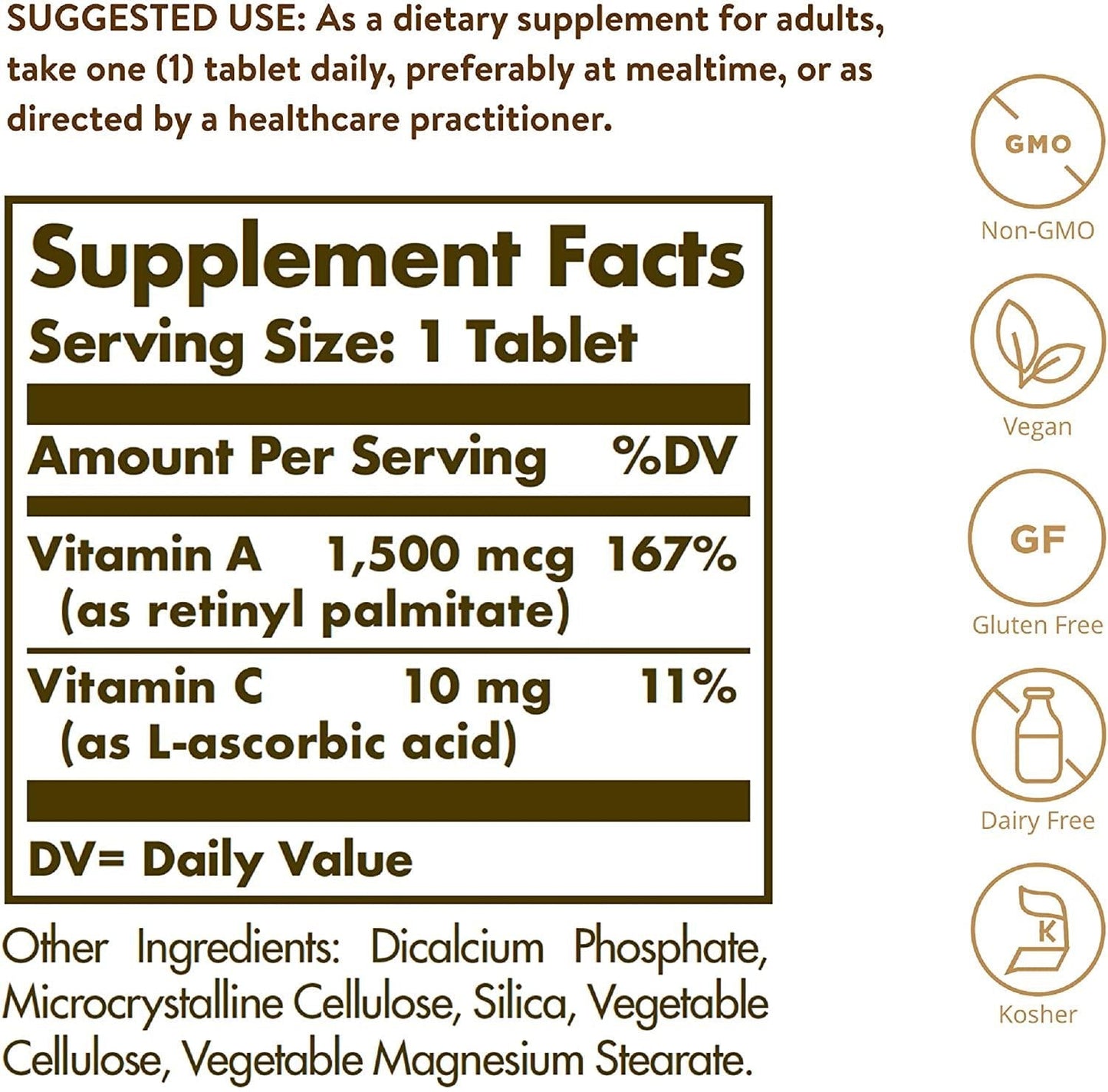Dry Vitamin A 1500 mcg (5000 IU) Tablets - 100 Count