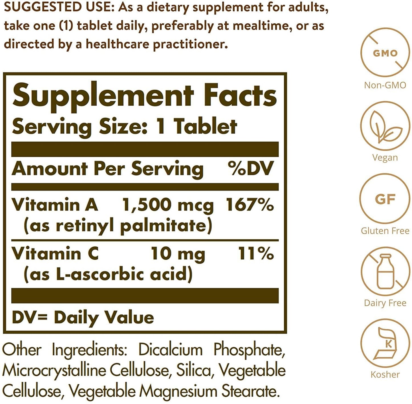 Dry Vitamin A 1500 mcg (5000 IU) Tablets - 100 Count
