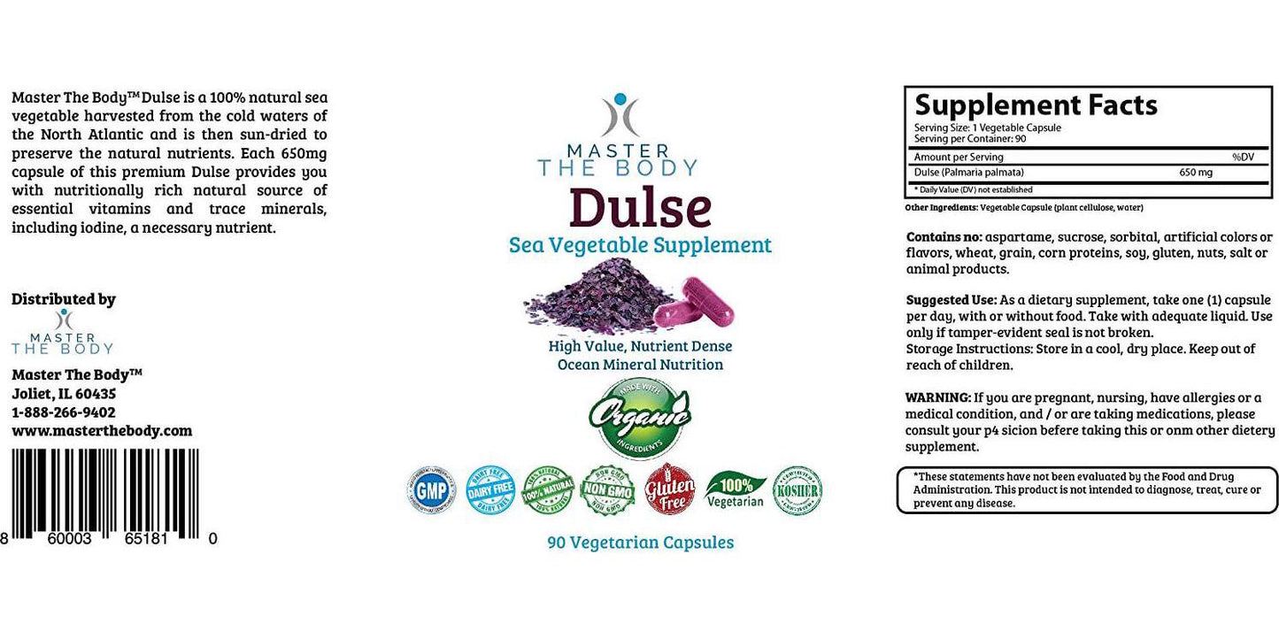 Dulse Capsules - Certified Organic 650 MG PER Capsule, 90 Count Bottle - The Same Source Used by Dr. Lorn Allison in The Master The Body Clinic!