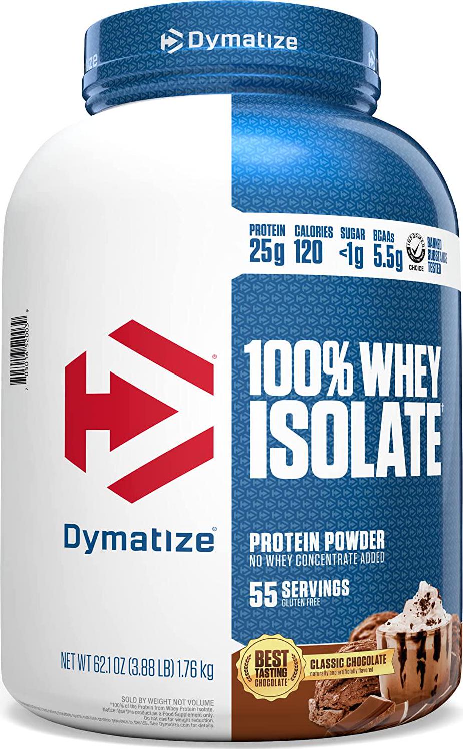 Dymatize 100% Whey Isolate Protein Powder, Classic Chocolate, 25g Protein, 5.5g BCAAs, Gluten Free, Fast Digestion and Absorption, 55 Servings