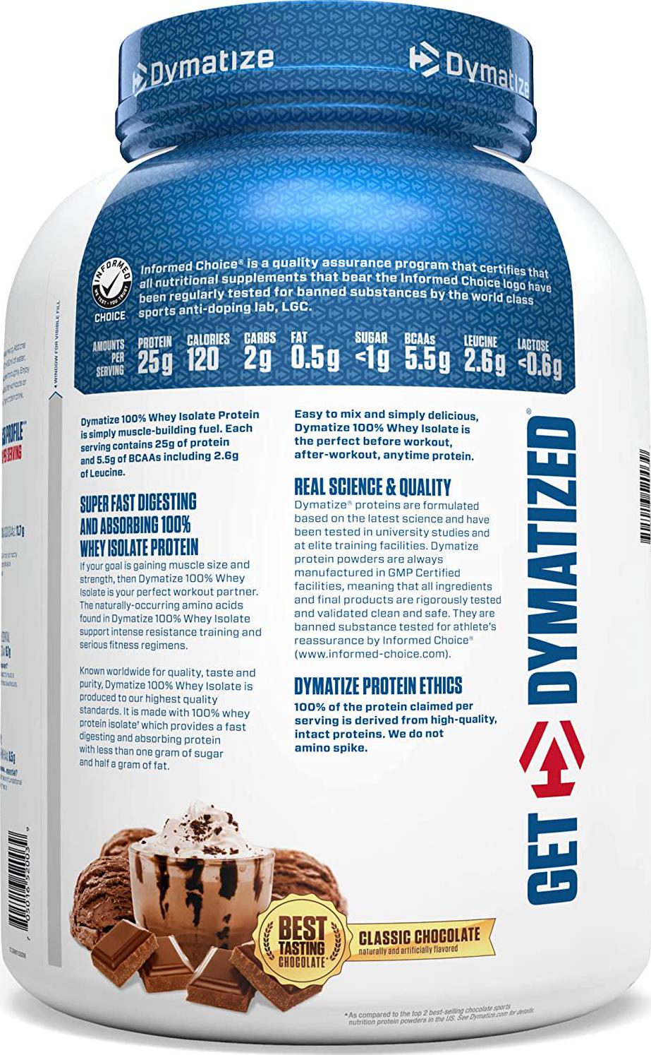 Dymatize 100% Whey Isolate Protein Powder, Classic Chocolate, 25g Protein, 5.5g BCAAs, Gluten Free, Fast Digestion and Absorption, 55 Servings