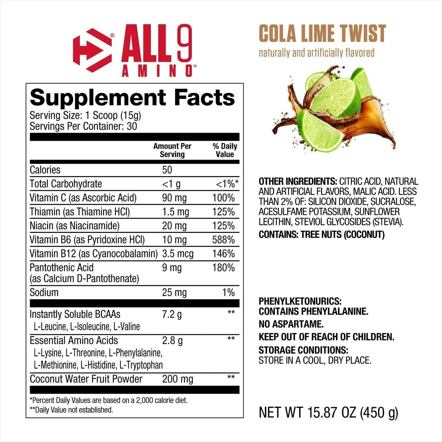 Dymatize All9 Amino with Full Spectrum BCAAs, 10g of Essential Amino Acids Per Serving For Optimal Muscle Protein Synthesis, Cola Lime Twist, 15.87 Oz