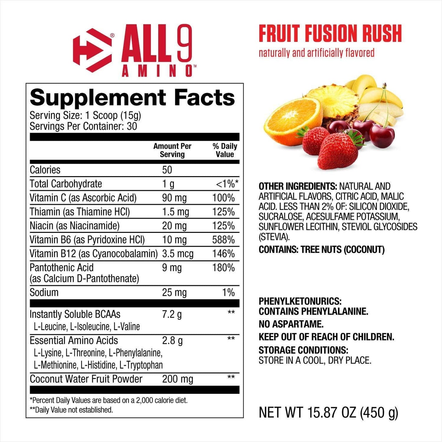 Dymatize All9 Amino, 7.2g of BCAAs, 10g of Full Spectrum Essential Amino Acids Per Serving for Recovery and Muscle Protein Synthesis, Fruit Fusion Rush, 30 Servings, 15.87 Ounce
