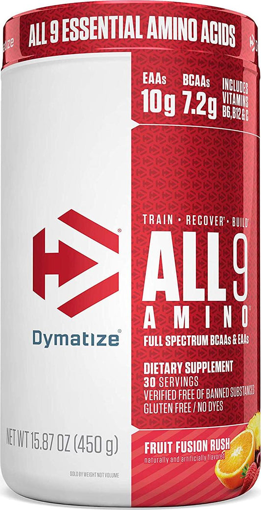 Dymatize All9 Amino, 7.2g of BCAAs, 10g of Full Spectrum Essential Amino Acids Per Serving for Recovery and Muscle Protein Synthesis, Fruit Fusion Rush, 30 Servings, 15.87 Ounce