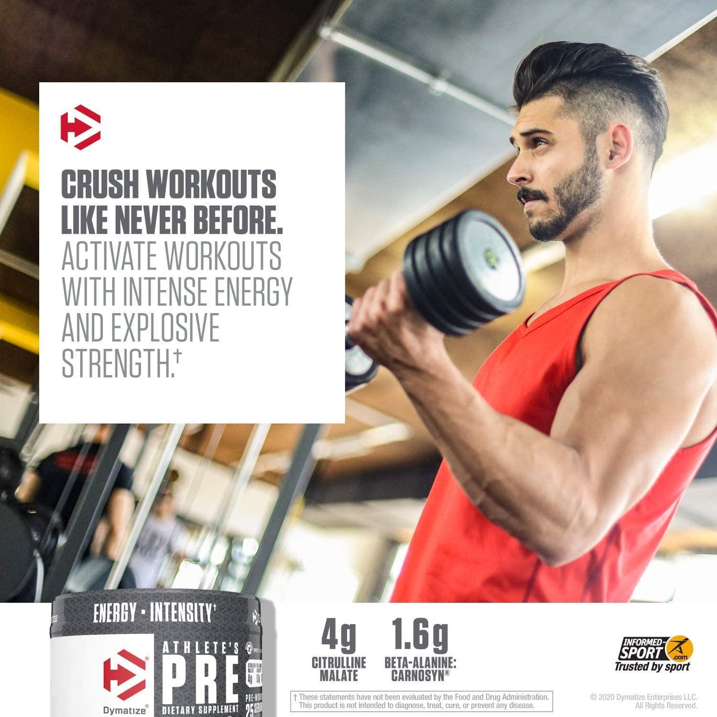 Dymatize Athlete's Pre Workout Powder with Caffeine, Improved Pump and Energy, Low Calorie and No Sugar and Carbs, Orange Pineapple, 200 Gram