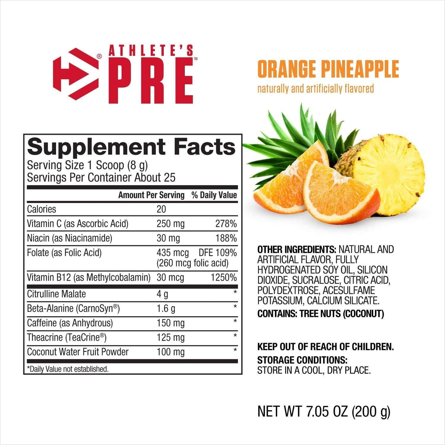 Dymatize Athlete's Pre Workout Powder with Caffeine, Improved Pump and Energy, Low Calorie and No Sugar and Carbs, Orange Pineapple, 200 Gram