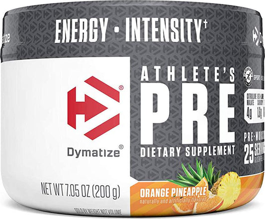 Dymatize Athlete's Pre Workout Powder with Caffeine, Improved Pump and Energy, Low Calorie and No Sugar and Carbs, Orange Pineapple, 200 Gram