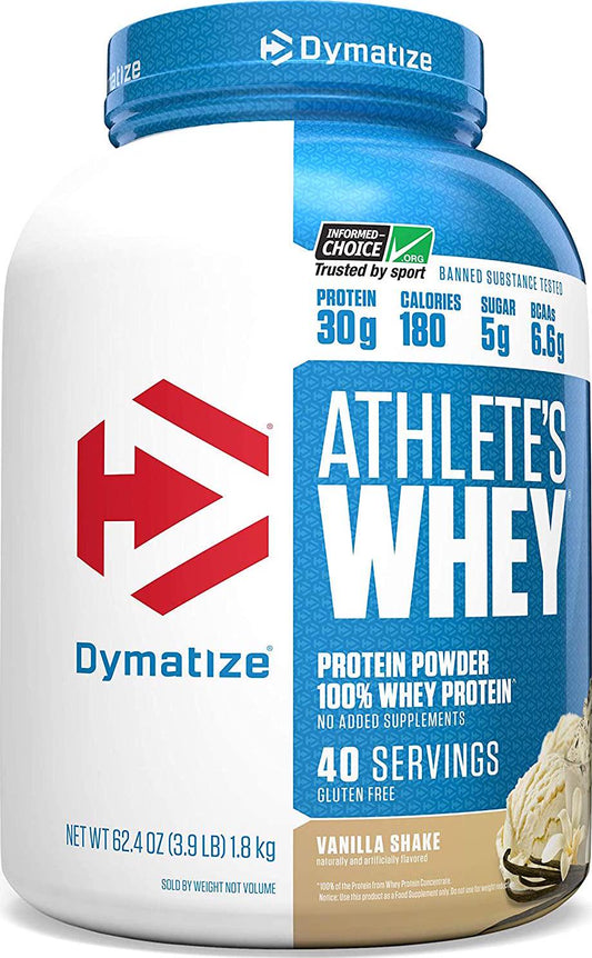 Dymatize Athlete's Whey Protein Powder, 30g of Protein, 6.6g BCAAs, Banned Substance Tested and Gluten Free, Chocolate Shake, 4 Pound