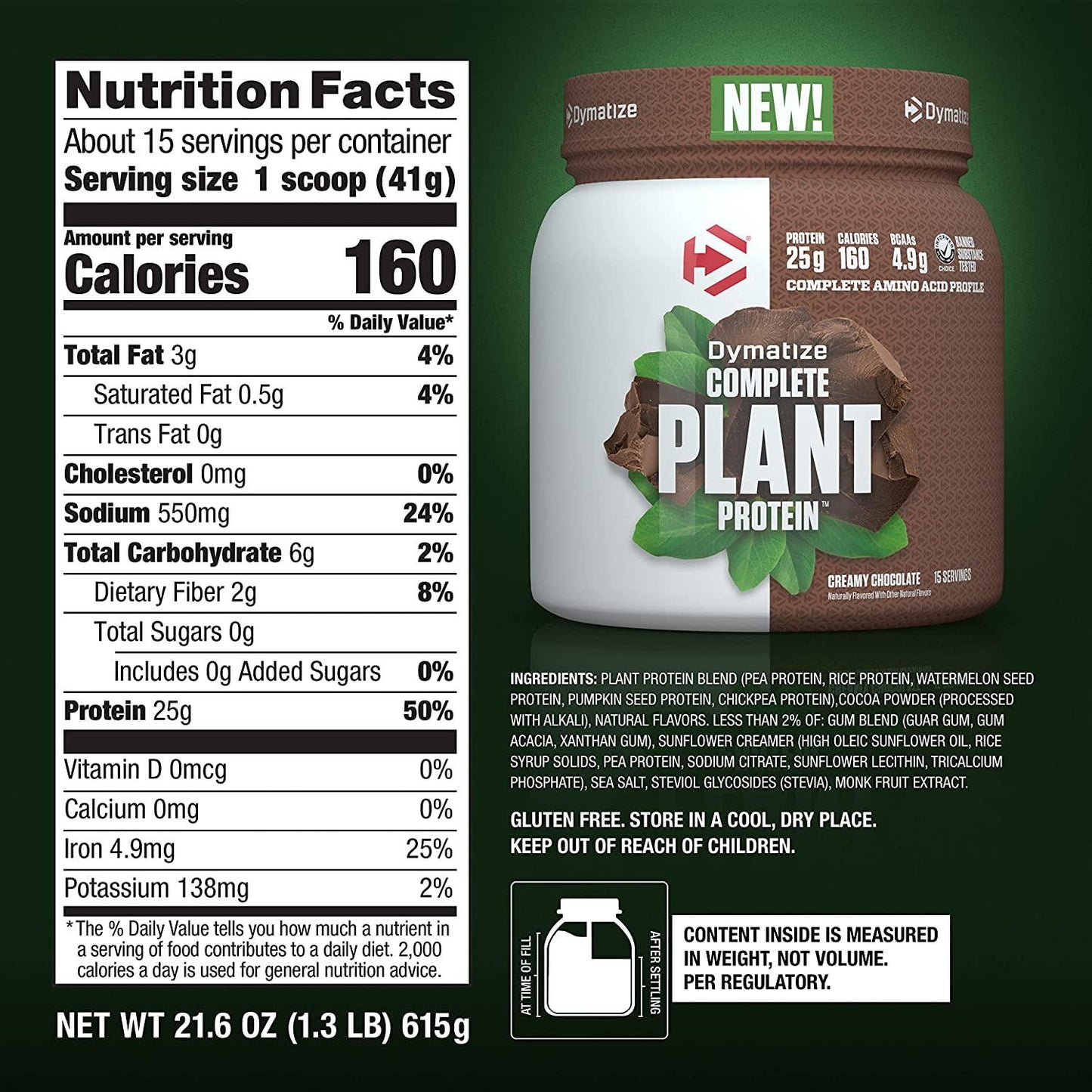 Dymatize Complete Plant Protein, Creamy Chocolate, 25g Protein, 4.8g BCAAs, Complete Amino Acid Profile, 15 Servings