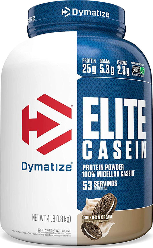 Dymatize Elite Casein Protein Powder, Slow Absorbing with Muscle Building Amino Acids, 100% Micellar Casein, 25g Protein, 5.3g BCAAs and 2.3g Leucine, Helps Overnight Recovery, Cookies and Cream, 4 lb