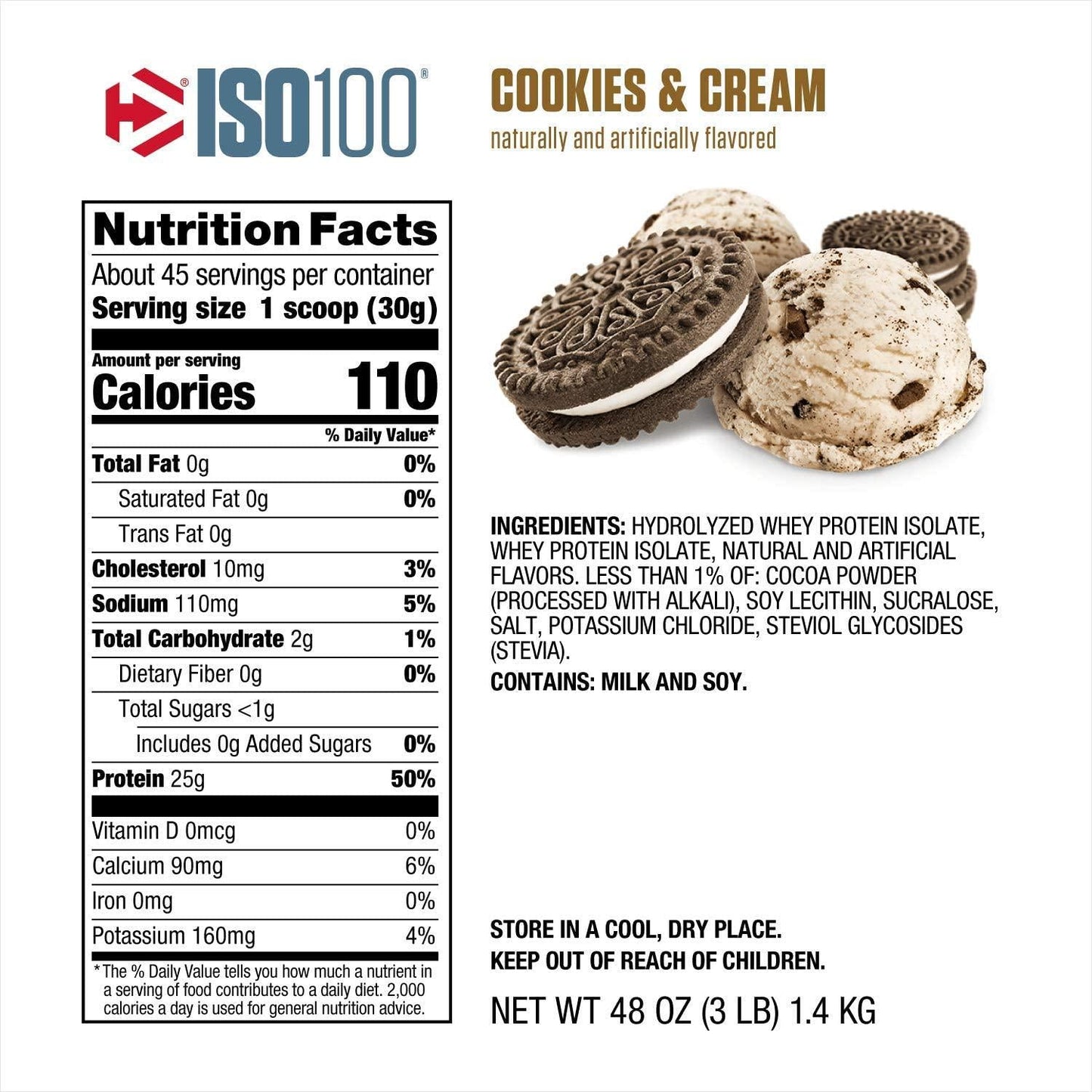 Dymatize ISO100 - 100% Hydrolyzed Whey Protein Isolate - Cookies and Cream - 1.4kg