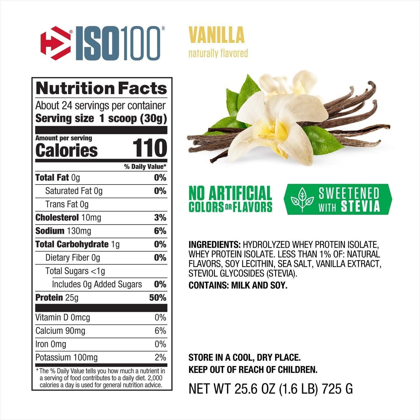 Dymatize ISO100 - 100% Hydrolyzed Whey Protein Isolate - Vanilla (Naturally Sweetened) - 725g