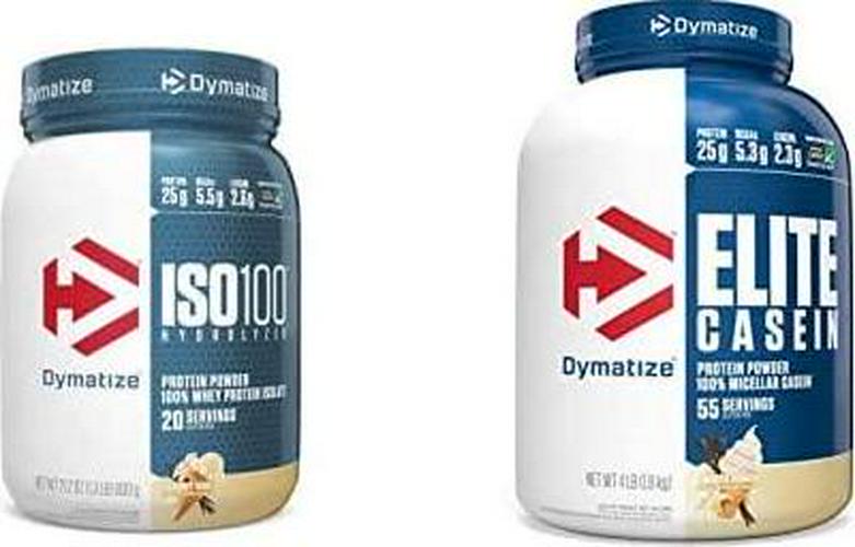 Dymatize ISO100 Hydrolyzed Protein Powder, 25g of 100% Whey Isolate Protein, Gourmet Vanilla, 20 Servings + Dymatize Elite Casein Protein Powder, 100% Micellar Casein, Smooth Vanilla, 4 Pound