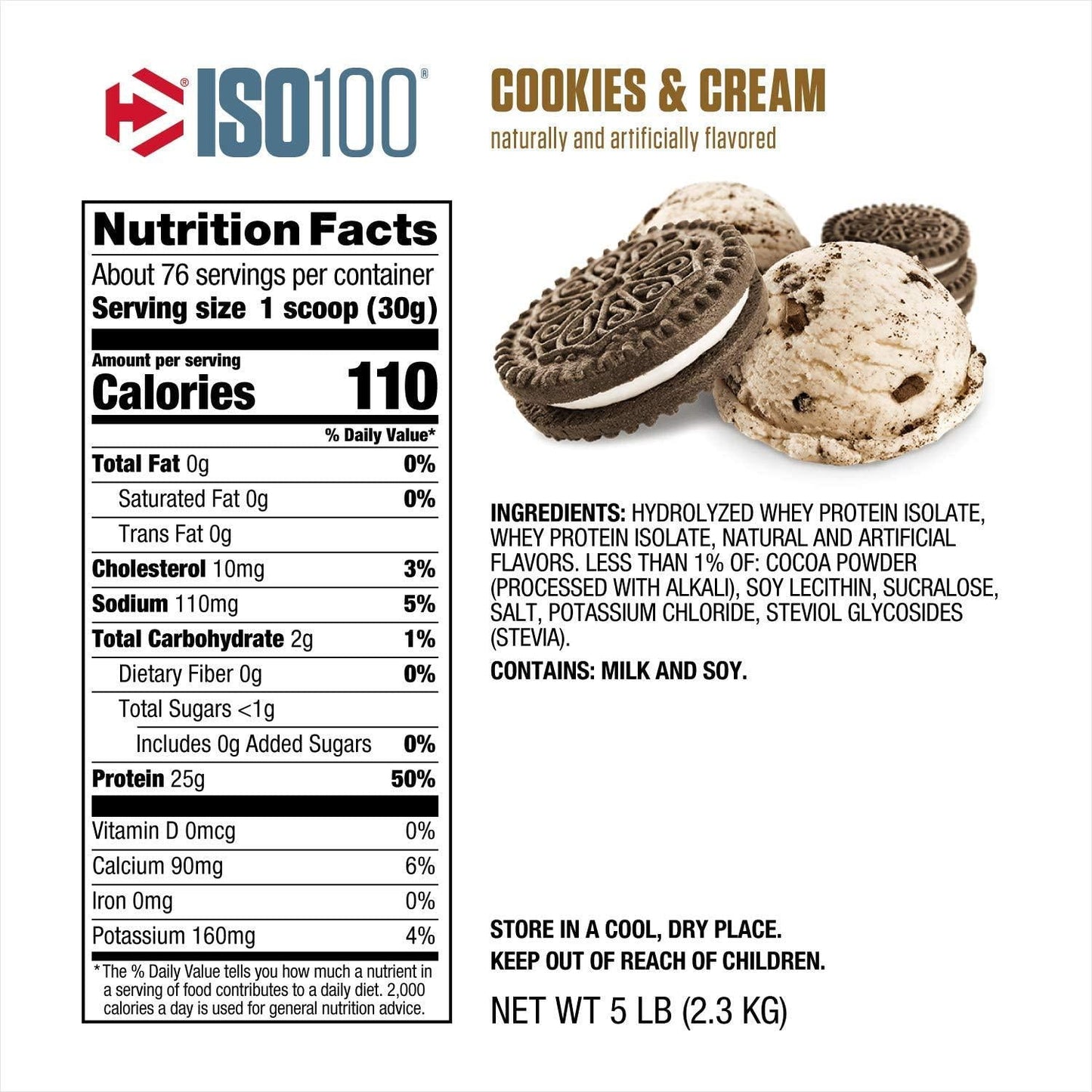 Dymatize ISO100 Hydrolyzed Protein Powder, Cookies and Cream, 5 Pound , 80 Oz
