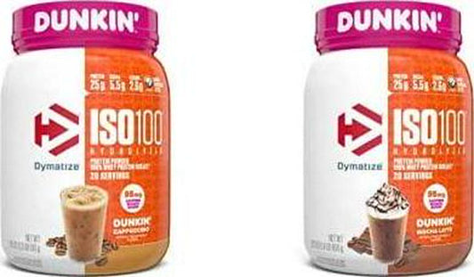 Dymatize ISO100 Hydrolyzed 100% Whey Isolate Protein Powder in Dunkin&#039; Cappuccino Flavor + Dunkin&#039; Mocha Latte Flavor, 25g Protein, 95mg Caffeine, 5.5g BCAAs, 20 Servings