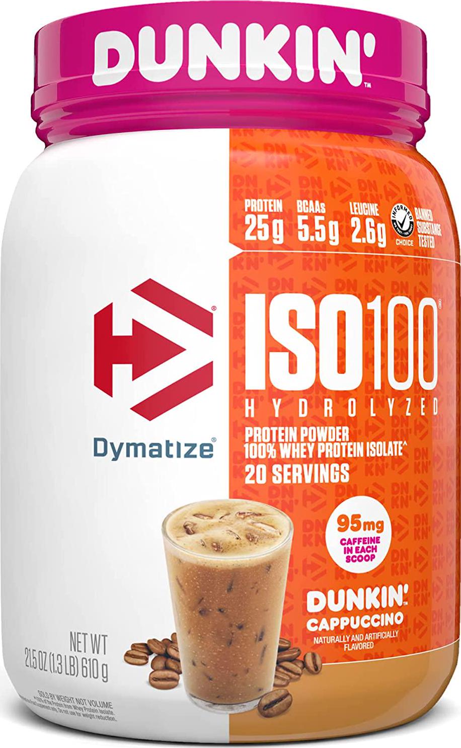 Dymatize ISO100 Hydrolyzed 100% Whey Isolate Protein Powder in Dunkin' Cappuccino Flavor, 25g Protein, 95mg Caffeine, 5.5g BCAAs, Gluten Free, Fast Absorbing, Easy Digesting, 20.8 Oz, 1.3 Pound