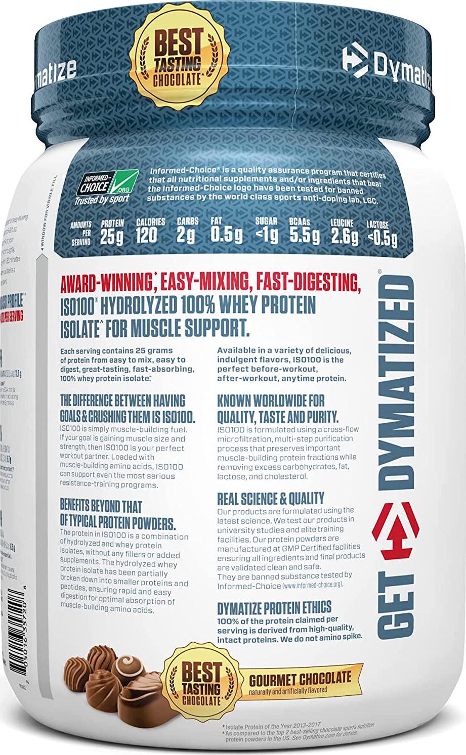 Dymatize ISO100 Hydrolyzed Protein Powder, 100% Whey Isolate Protein, 25g of Protein, 5.5g BCAAs, Gluten Free, Fast Absorbing, Easy Digesting, Gourmet Chocolate, 20 Servings