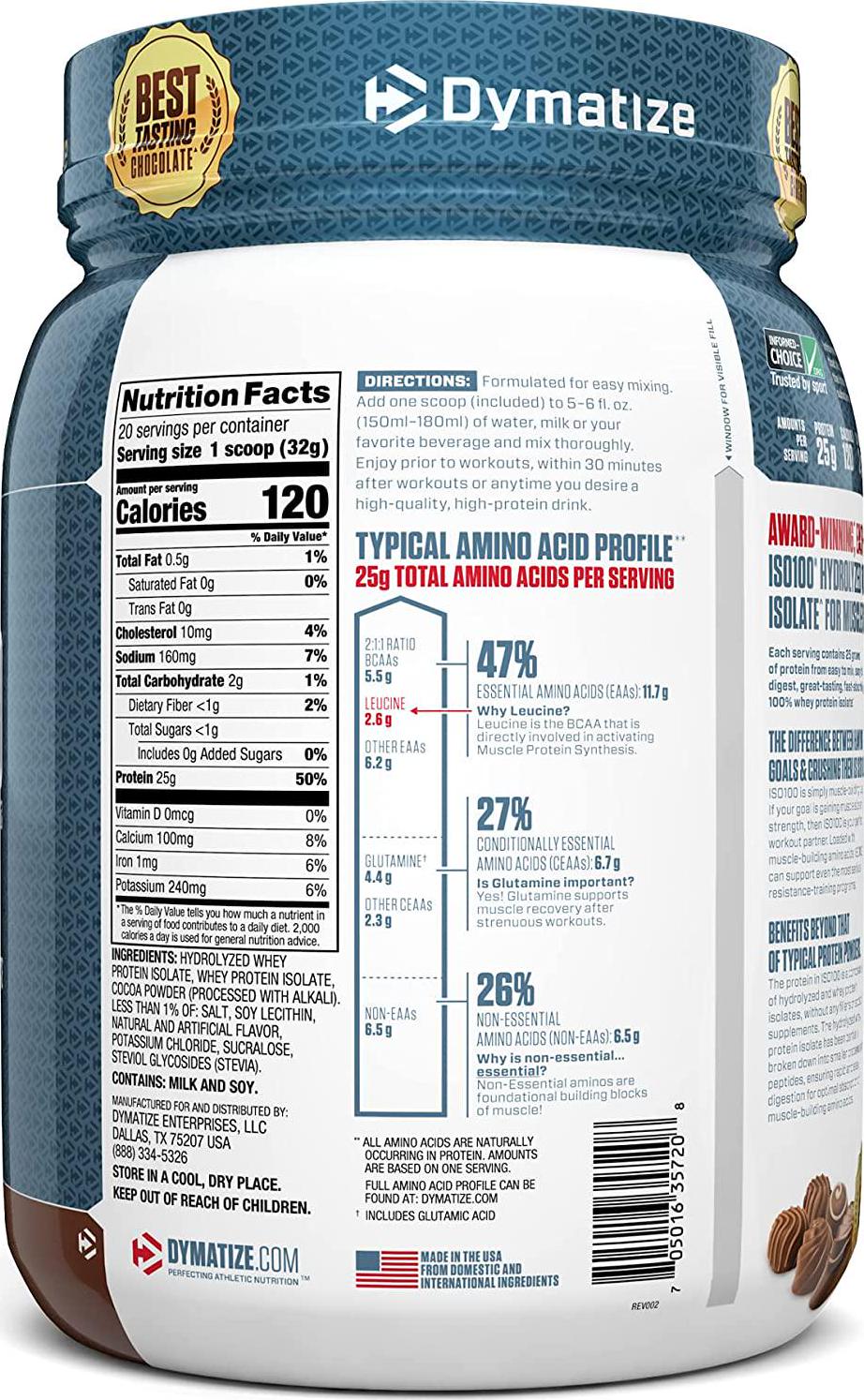 Dymatize ISO100 Hydrolyzed Protein Powder, 100% Whey Isolate Protein, 25g of Protein, 5.5g BCAAs, Gluten Free, Fast Absorbing, Easy Digesting, Gourmet Chocolate, 20 Servings