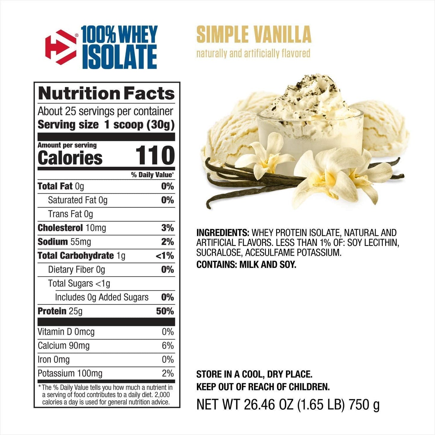 Dymatize Nutrition 100% Whey Isolate 26.4 Oz (1.65lb) (750g) Simple Vanilla, 1.6 Pound