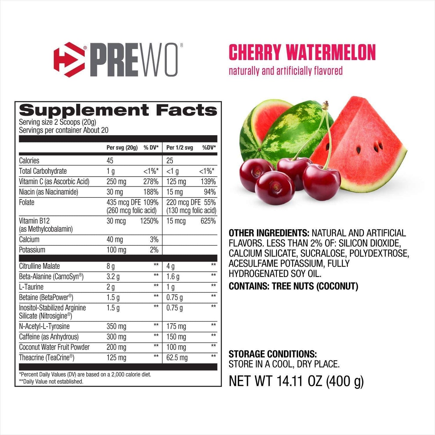 Dymatize PreW.O. Pre Workout Powder,, Cherry Watermelon 400 grams